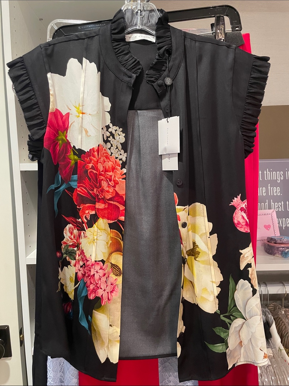 Elie Tahari Black Floral Ruffle Cap-Sleeve Blouse
